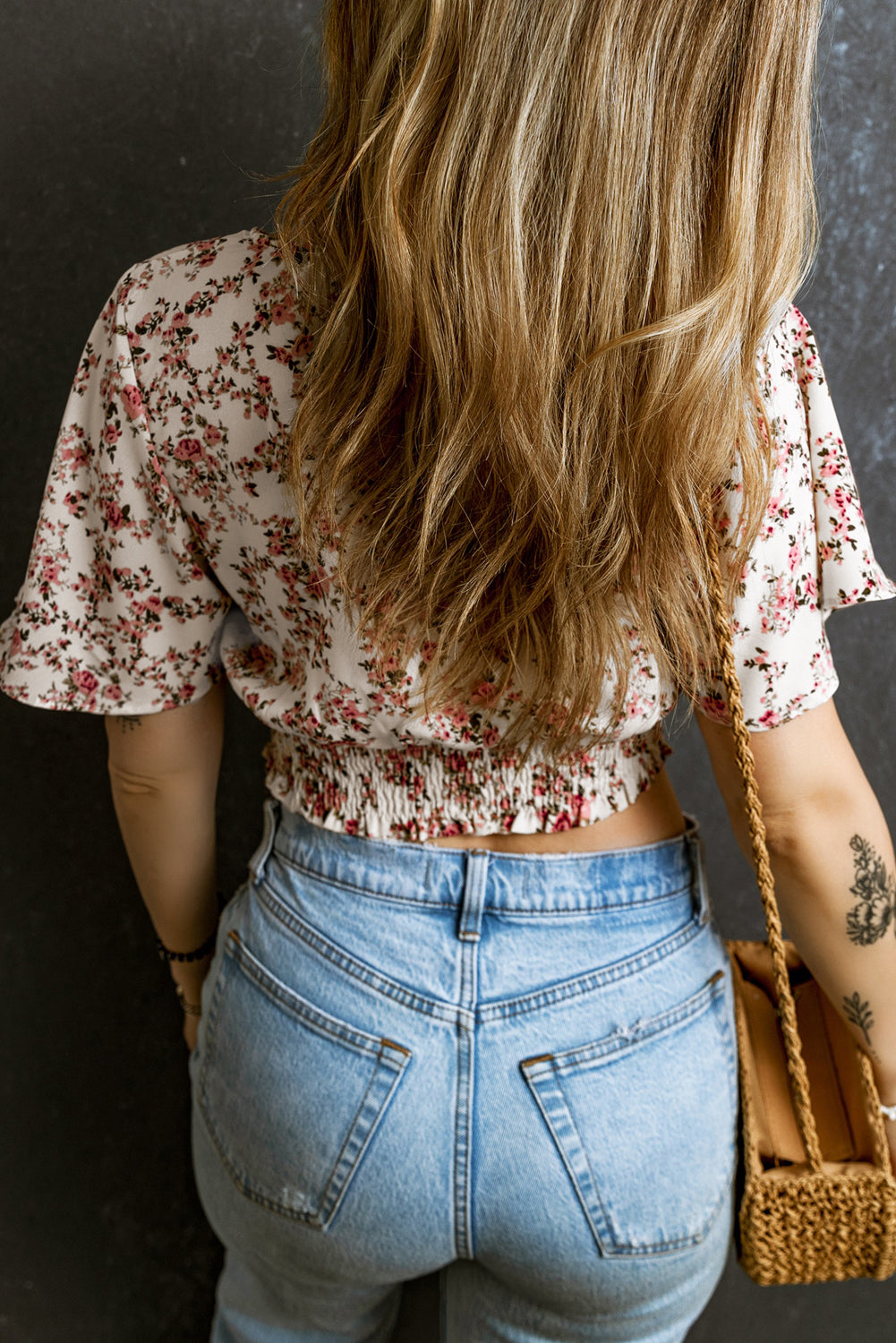 Floral Print V Neck Wrapped Cropped Blouse