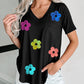 Sequined Flower Pocketed V Neck T Shirt