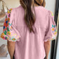 Floral Embroidered Puff Sleeve Split Neck Blouse