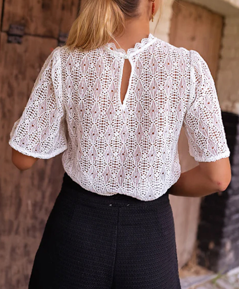 Short Sleeve Keyhole Back Lace Blouse