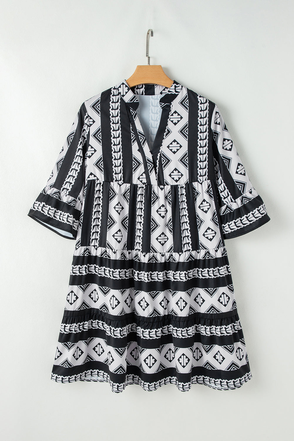 Geometric Print V Neck Ruffled Dress