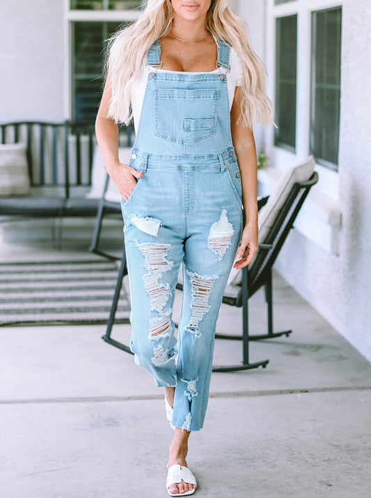 Constructed Bib Pocket Distressed Denim Overalls