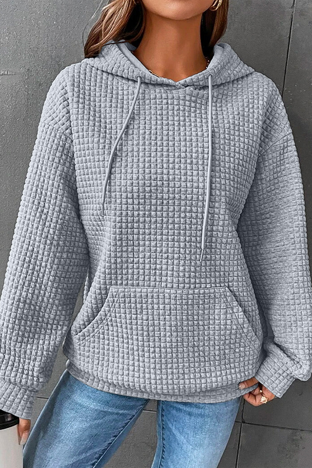Lattice Textured Kangaroo Pocket Drawstring Hoodie