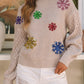 Parchment Sequin Snowflake Bishop Sleeve Drop Shoulder Sweater