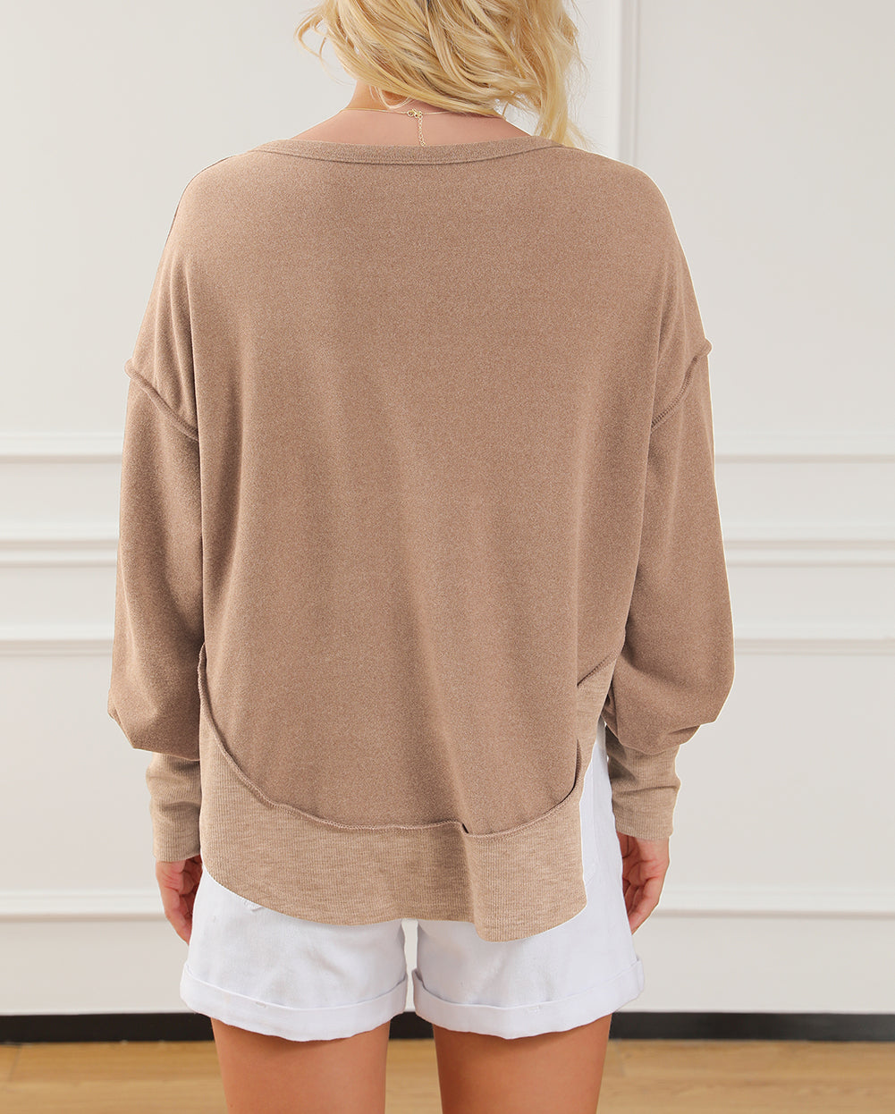 Exposed Seam Ribbed Thumbhole Sleeve Buttoned Sweatshirt