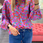 Abstract Floral Button Up Long Puff Sleeve Shirt