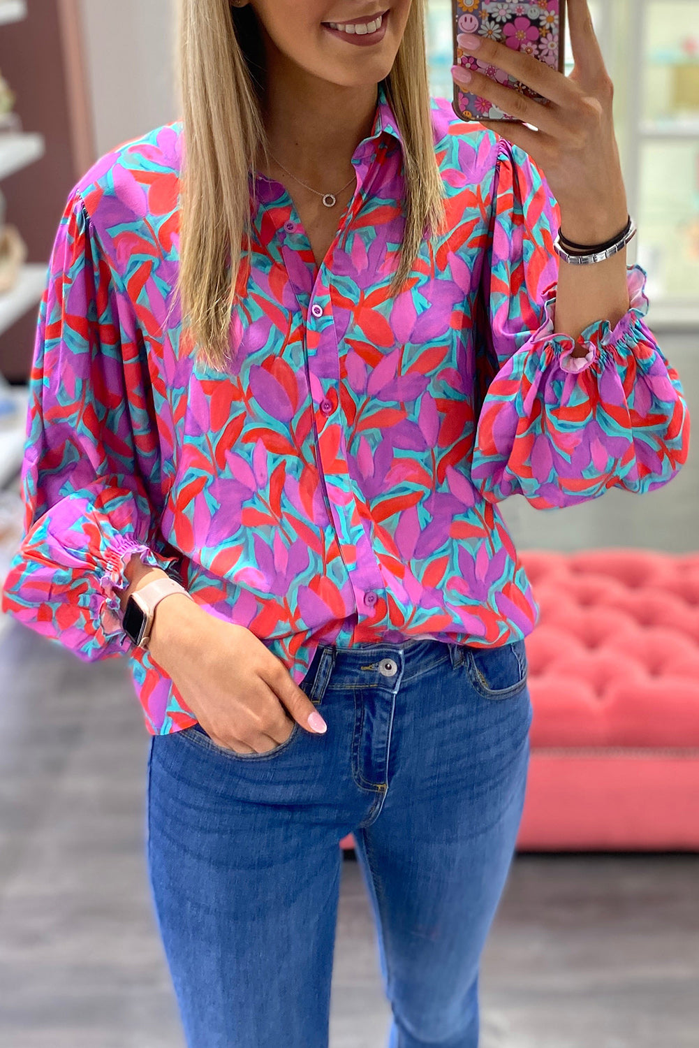 Abstract Floral Button Up Long Puff Sleeve Shirt
