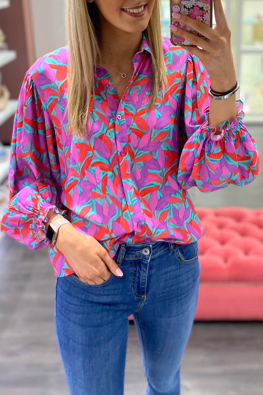 Abstract Floral Button Up Long Puff Sleeve Shirt