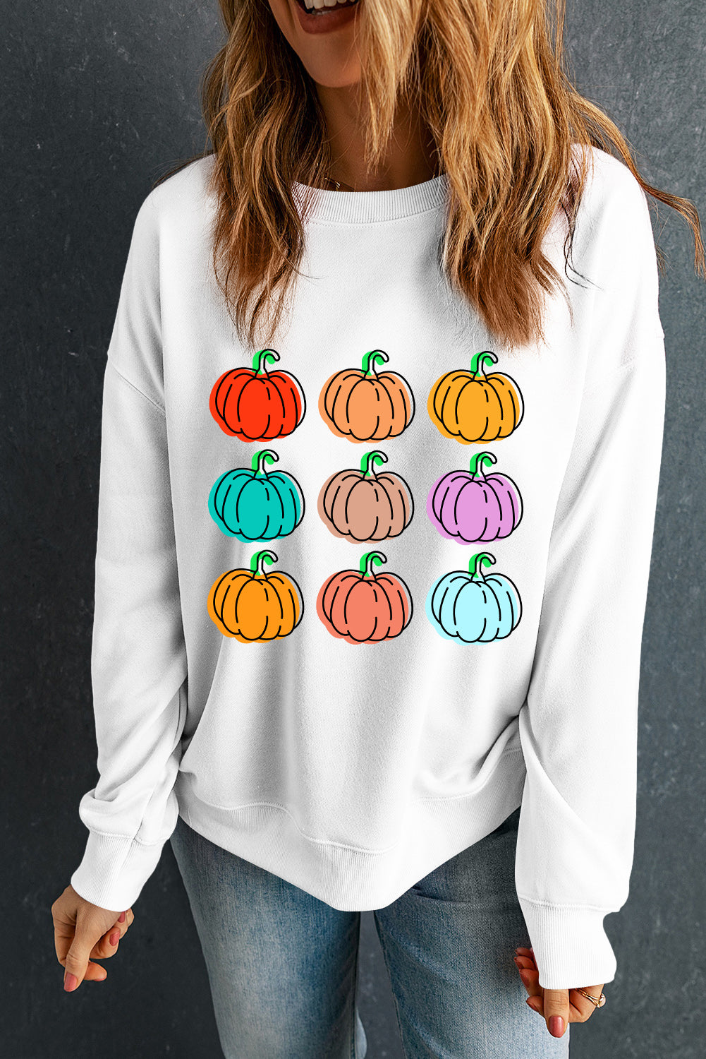 Vibrant Pumpkins Print Crew Neck Halloween Sweatshirt