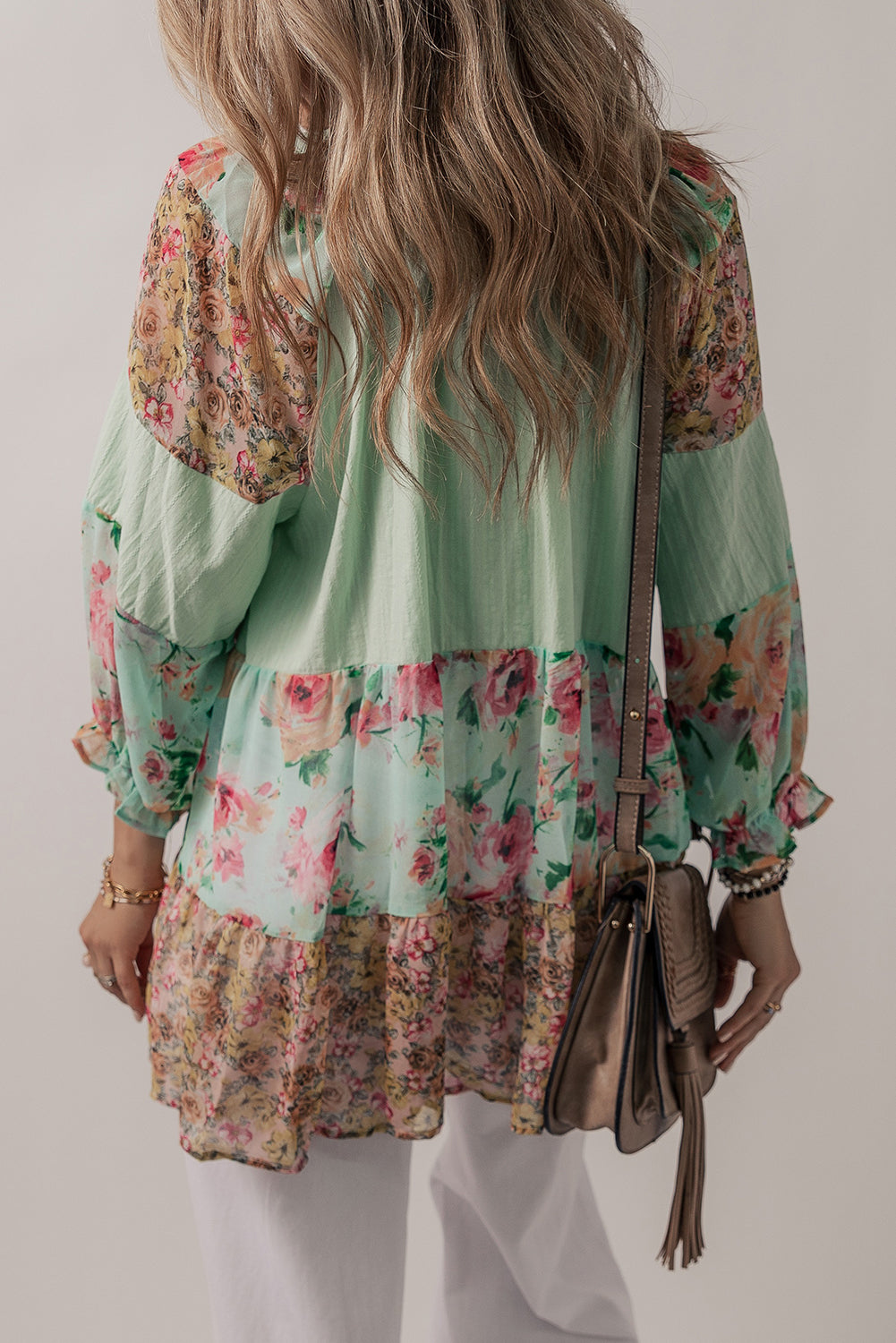 Printed Floral Patchwork Frilled Split Neck Blouse