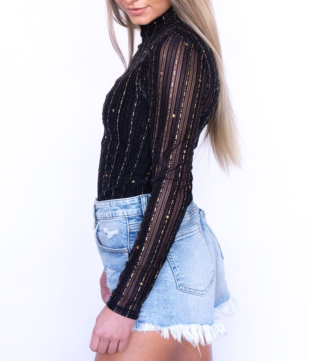 Black Star Mesh Mock Neck Long Sleeve Jumpsuit