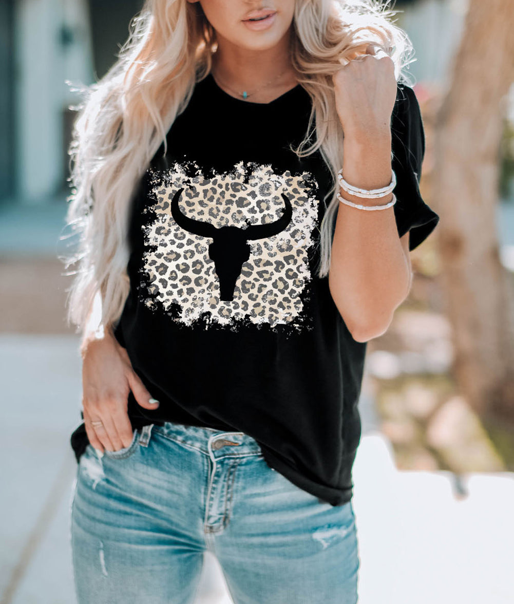 Western Leopard Steer Head Print Casual T Shirt