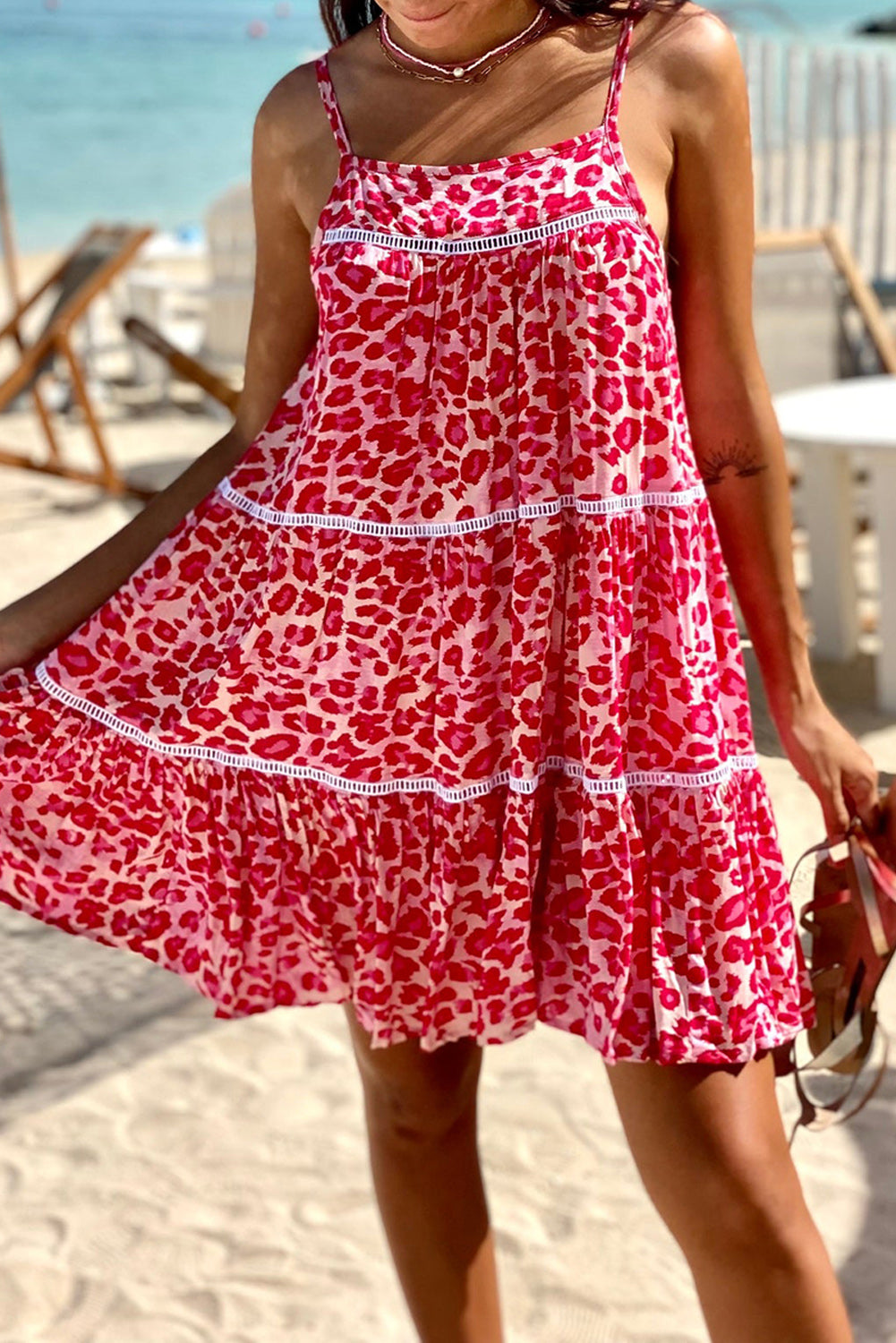 Leopard Print Lace Trim Flared Sundress
