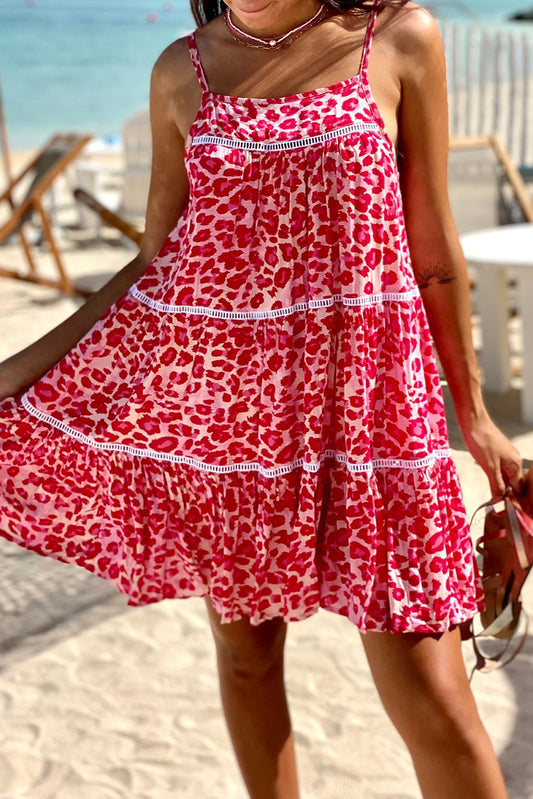 Leopard Print Lace Trim Flared Sundress