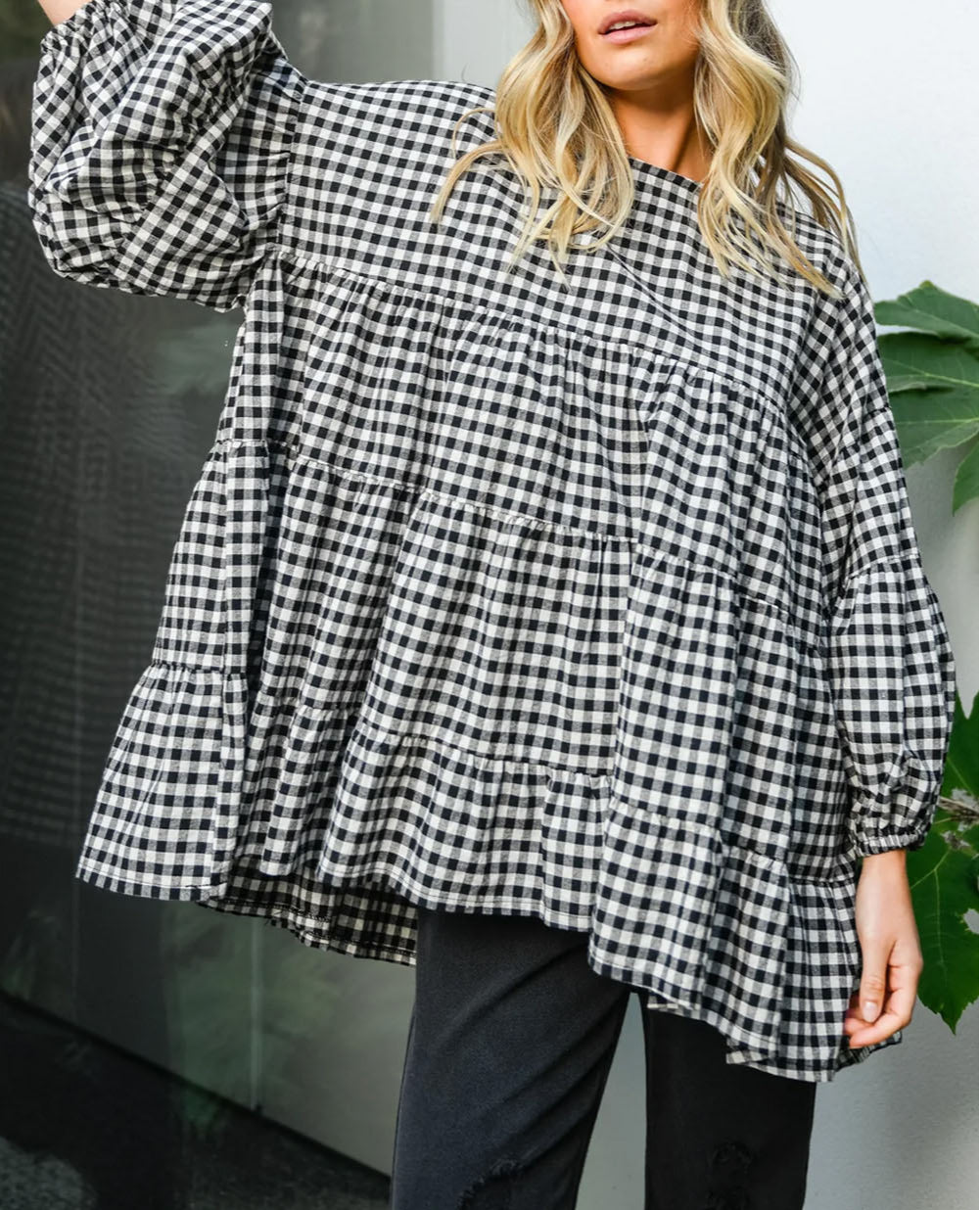 Checkered Puff Sleeve Tiered Loose Babydoll Blouse