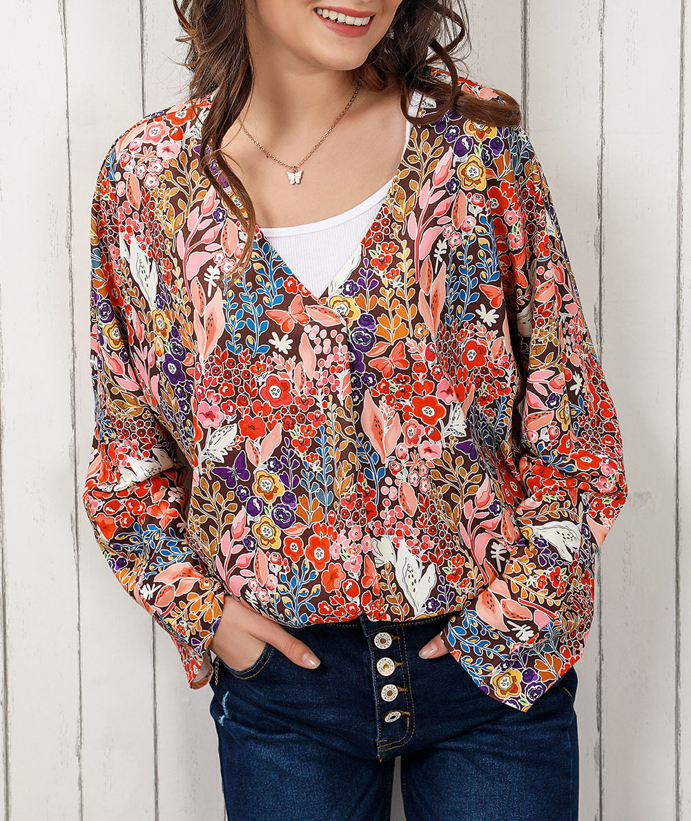 Boho Floral Long Sleeve V-Neck Blouse