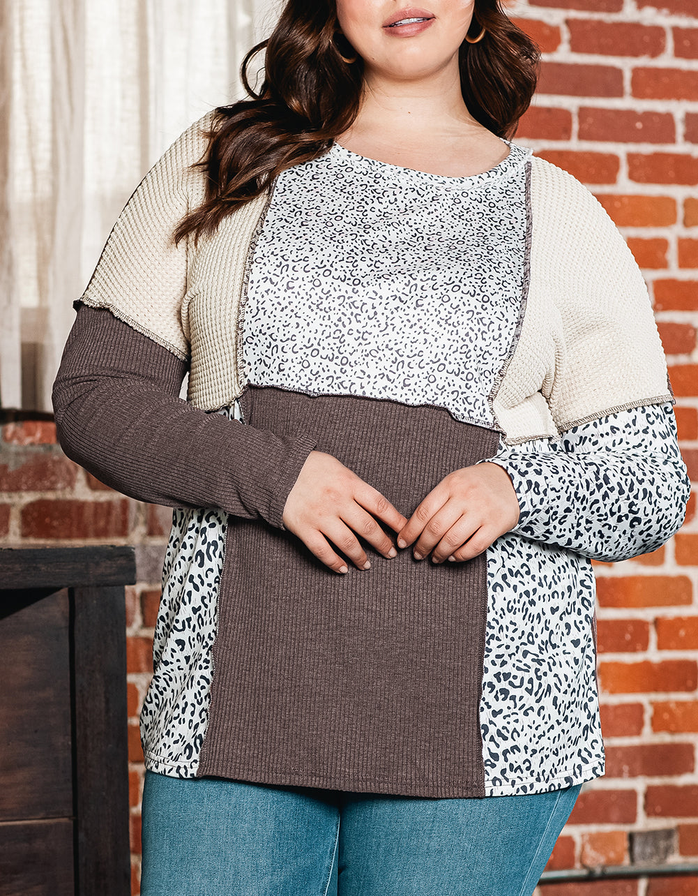 Plus Size Leopard Waffle Ribbed Knit Patchwork Top