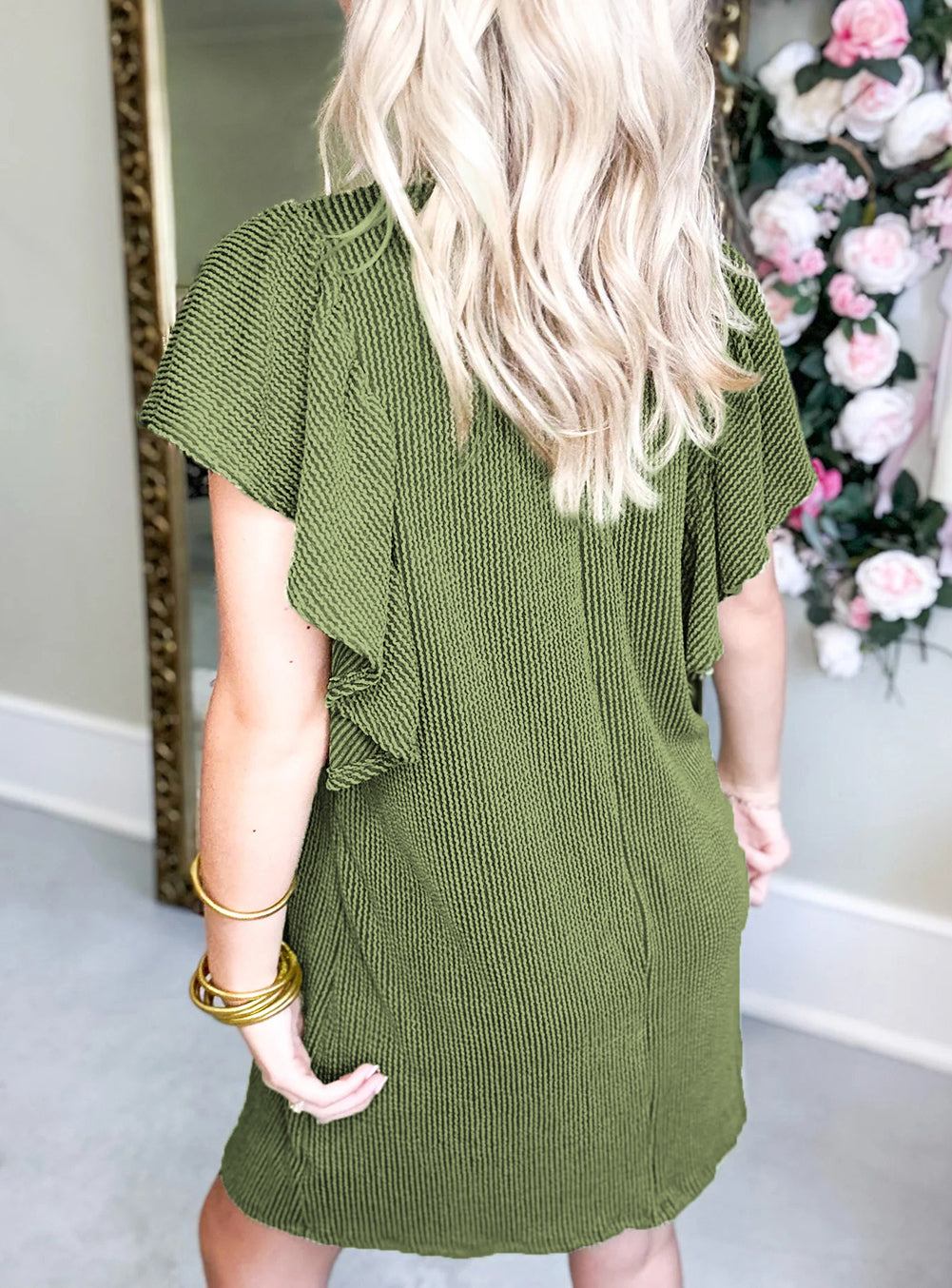 Flutter Sleeve Ribbed Shift Dress