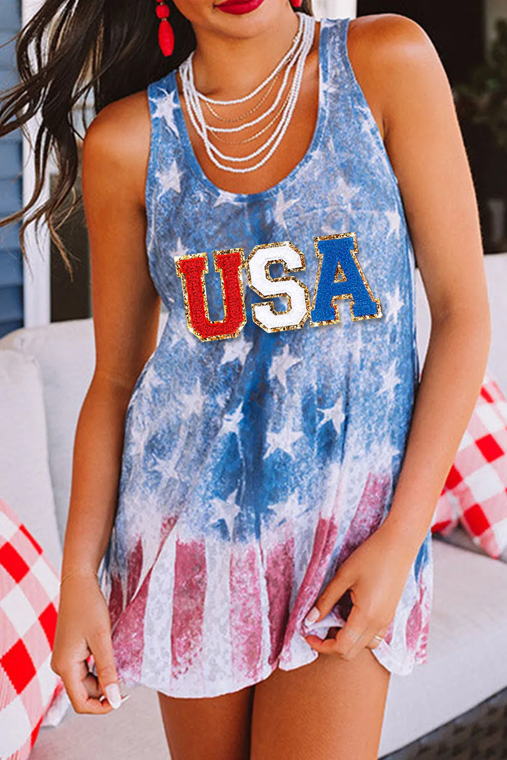 USA Flag Print Loose Fit Tunic Tank Top