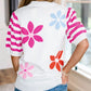 Floral Pattern Striped Sleeve Sweater T Shirt