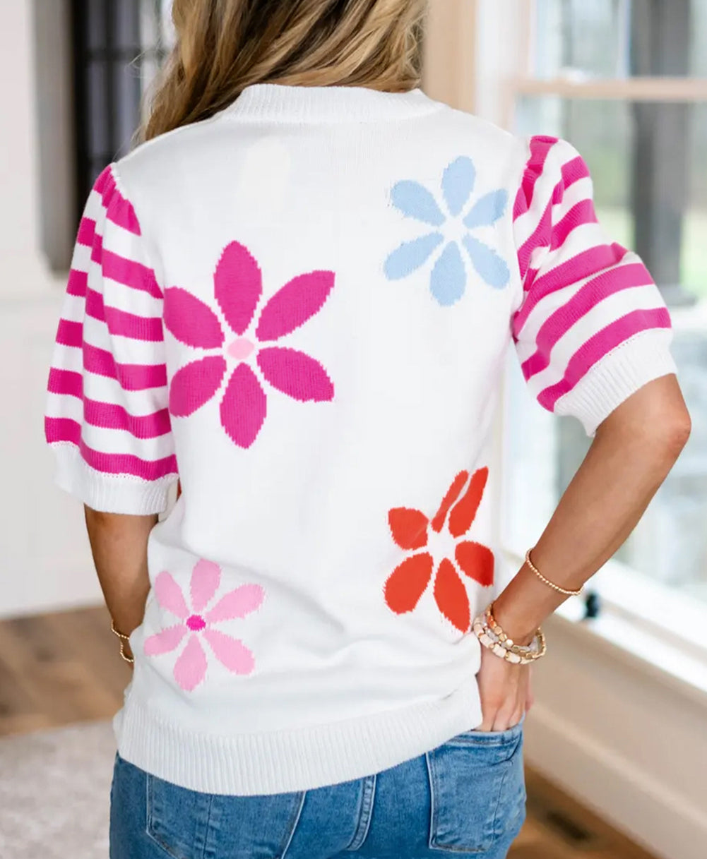 Floral Pattern Striped Sleeve Sweater T Shirt