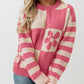 Checkered Floral Print Striped Sleeve Sweater