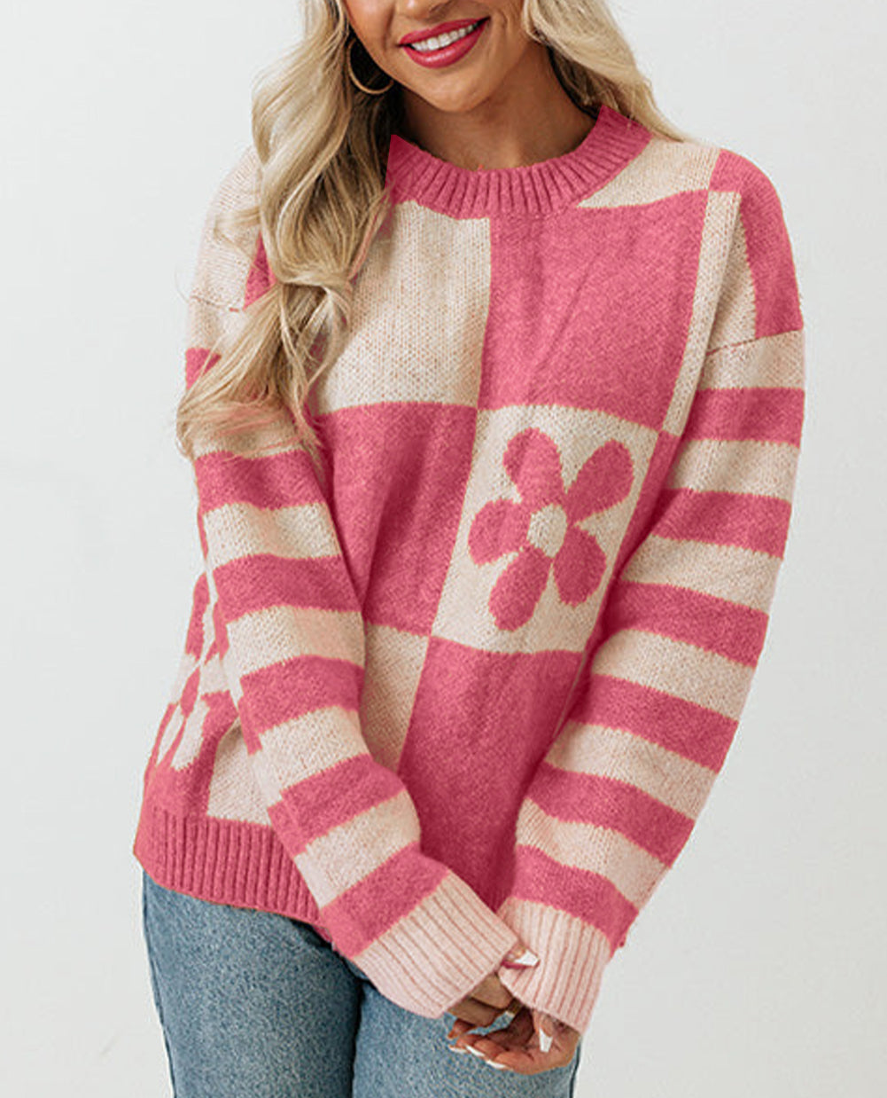 Checkered Floral Print Striped Sleeve Sweater