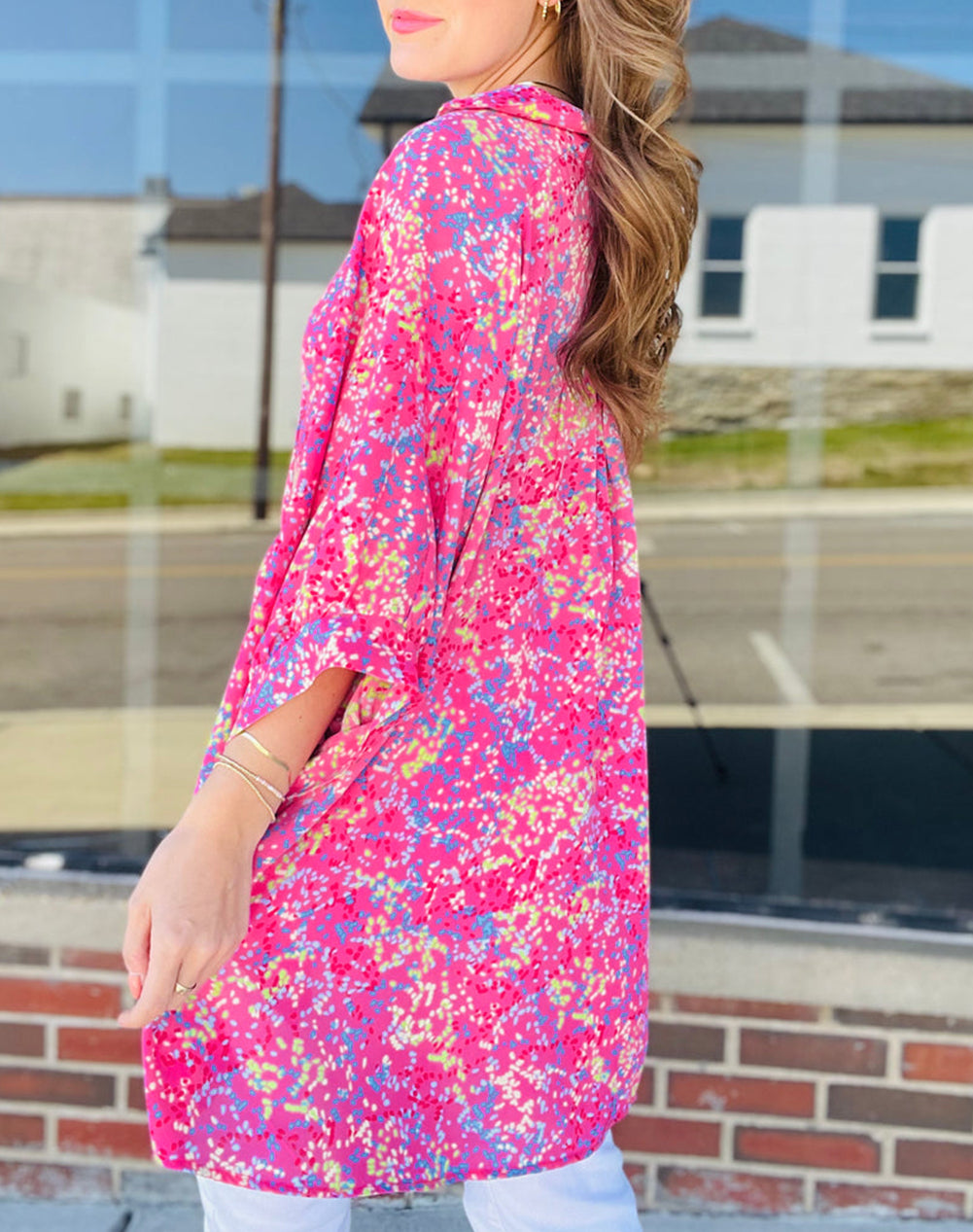 Abstract Print Bracelet Sleeve Oversized Tunic Shirt