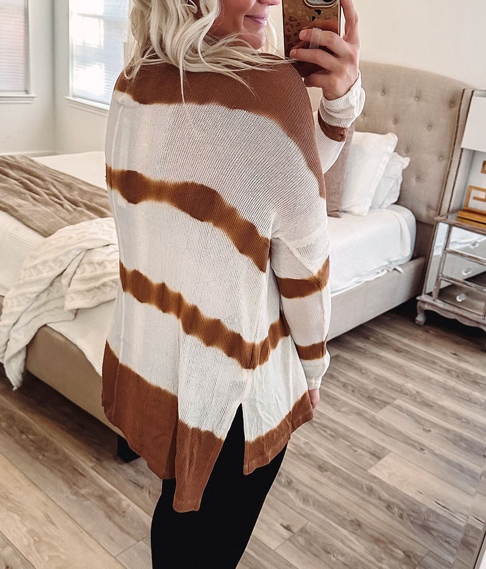 Tie Dye Striped Loose Knitted Long Sleeve Top with Slits
