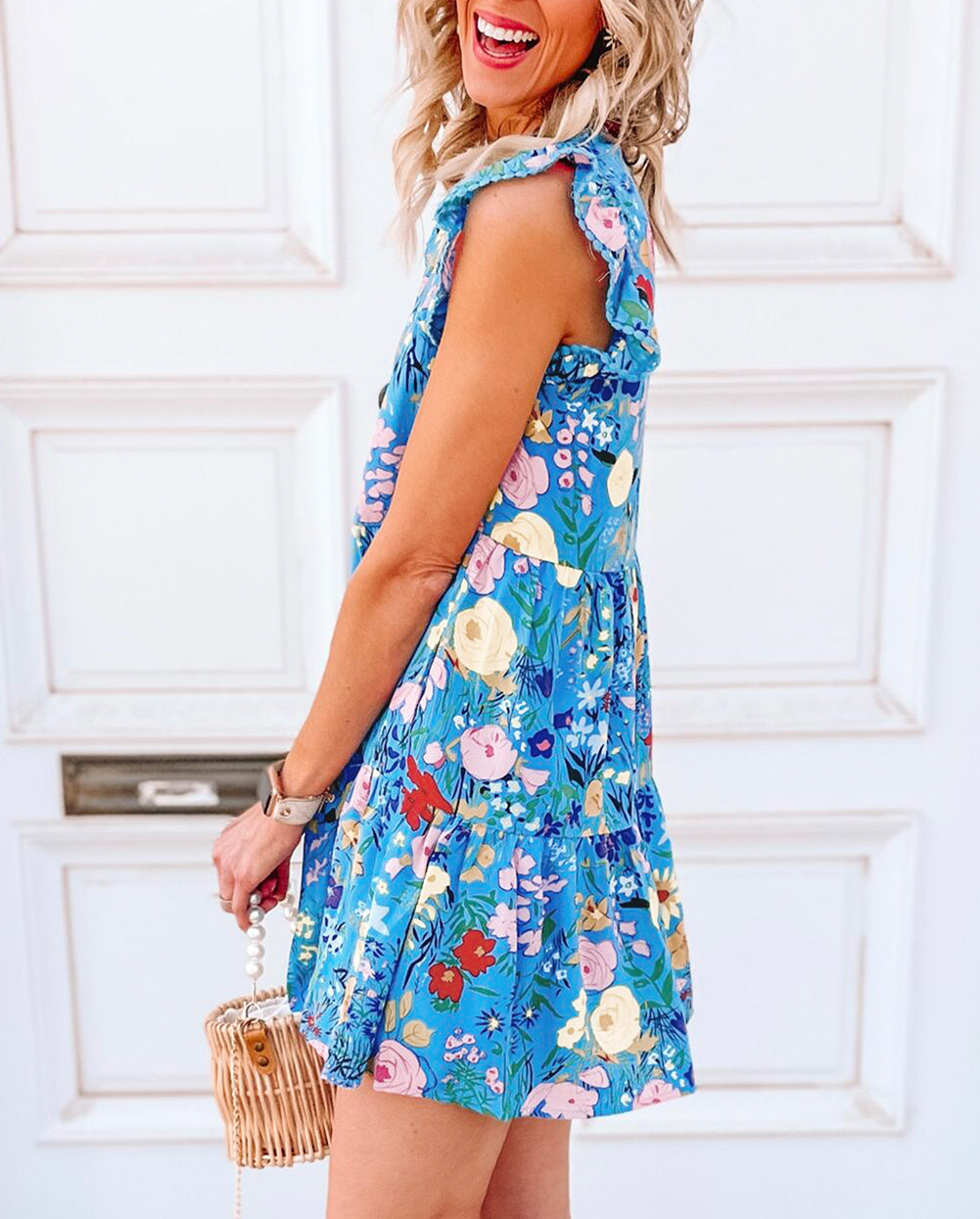 Floral Flutter Sleeve V Neck Ruffled Dress