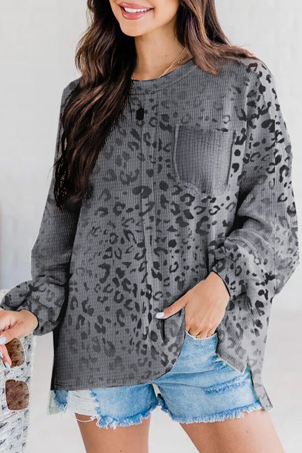 Leopard Print Waffle Knit Long Sleeve Top
