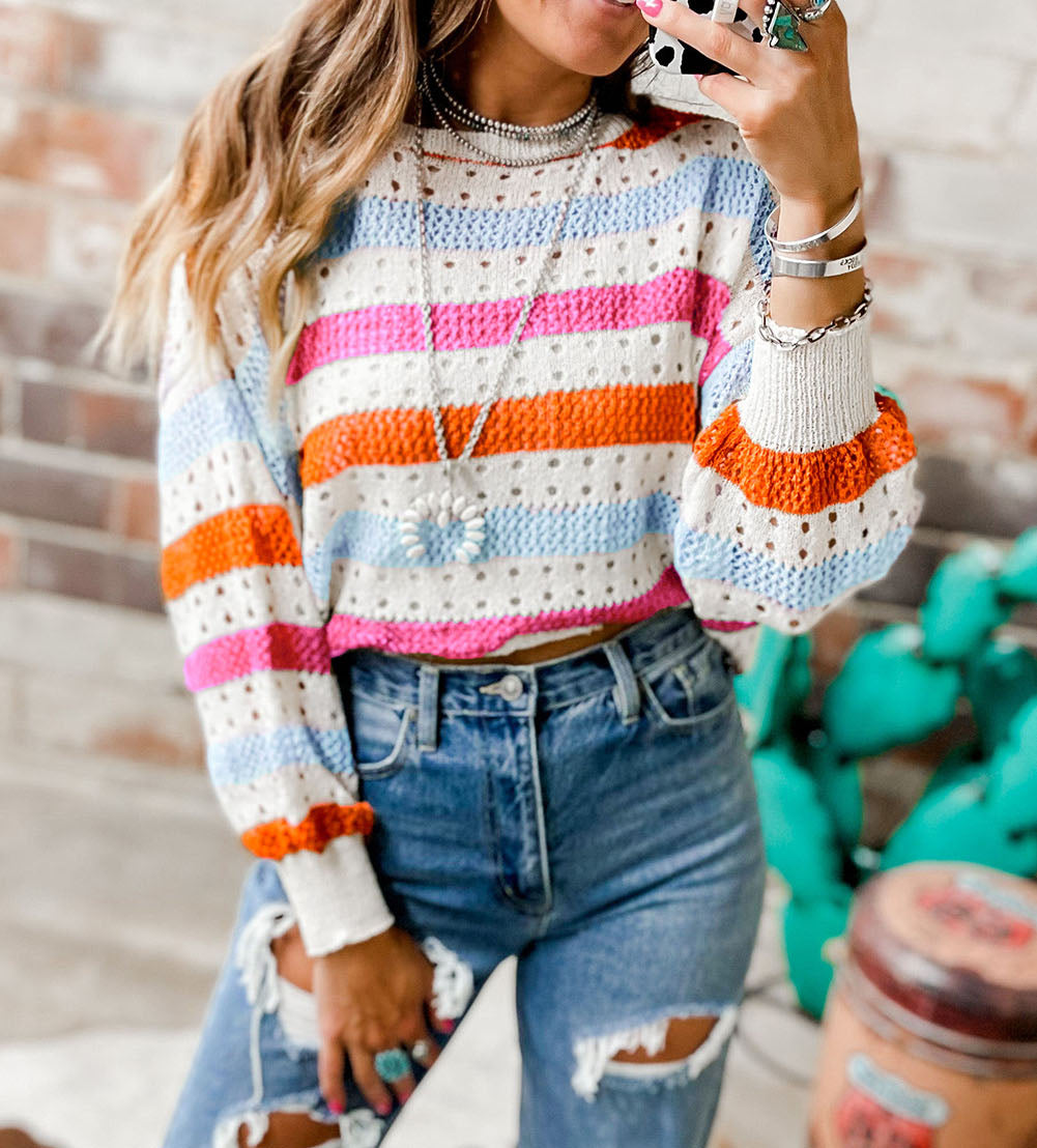 Striped Hollowed Knitted Loose Sweater