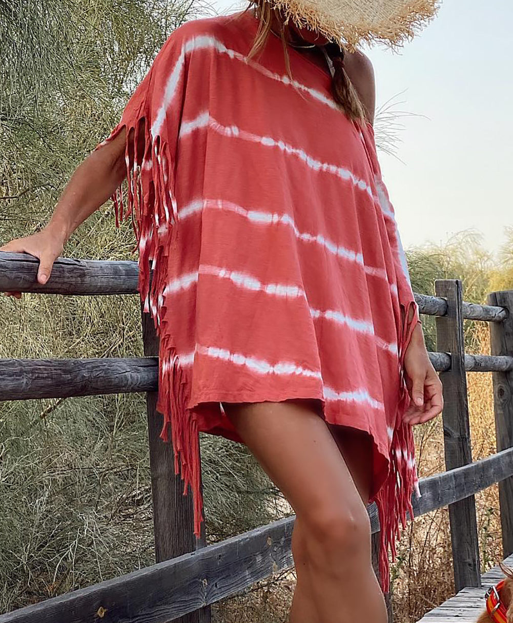 Tie Dye Striped Fringe Trim Oversized T-shirt Dress