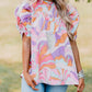 Abstract Print Bubble Sleeve Smock Detail Blouse