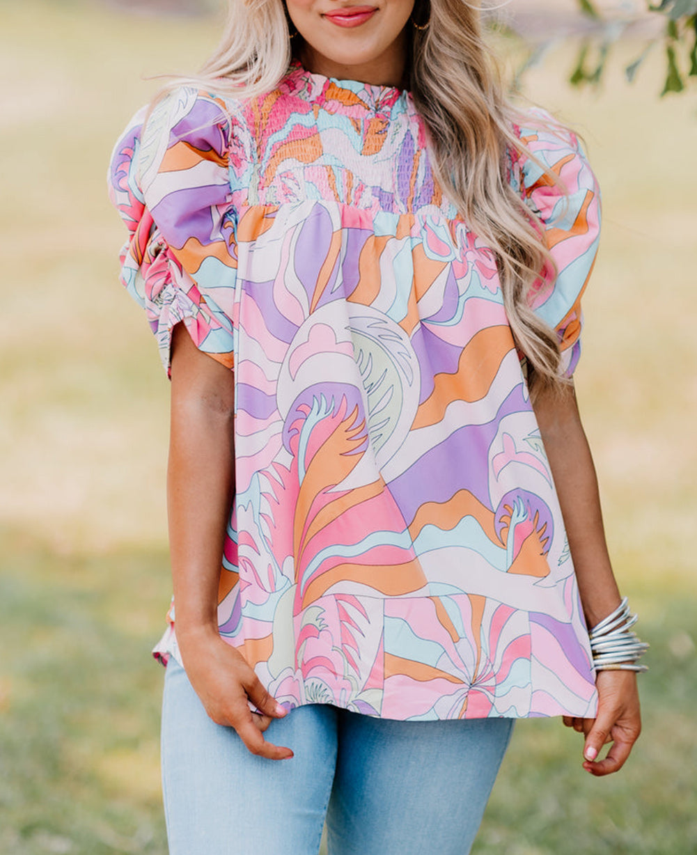 Abstract Print Bubble Sleeve Smock Detail Blouse
