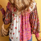 Floral Patchwork Shirred Cuff Buttoned V Neck Blouse