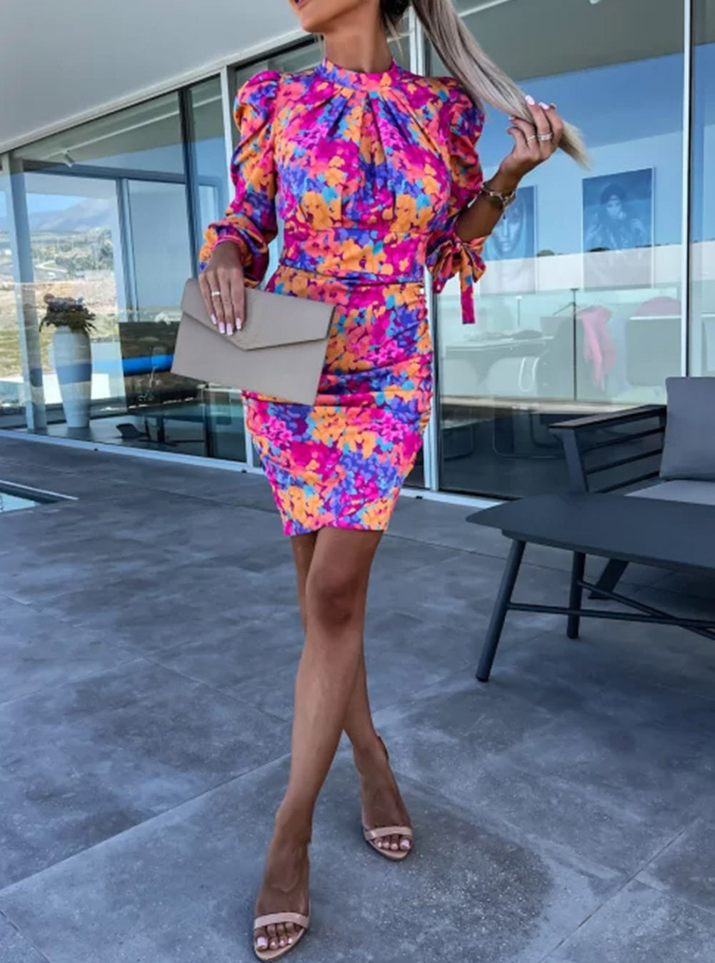 Floral Bow Tie Long Sleeve Mock Neck Ruched Dress