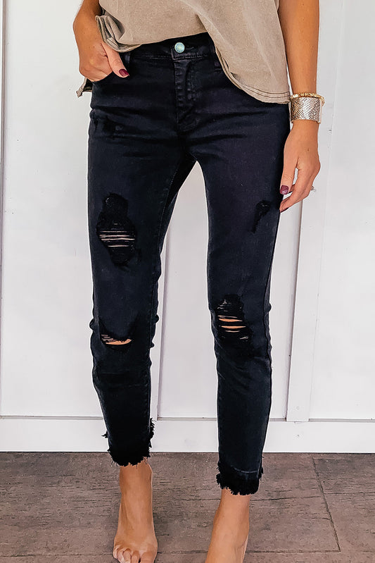 Distressed Raw Edge Cropped Skinny Jeans
