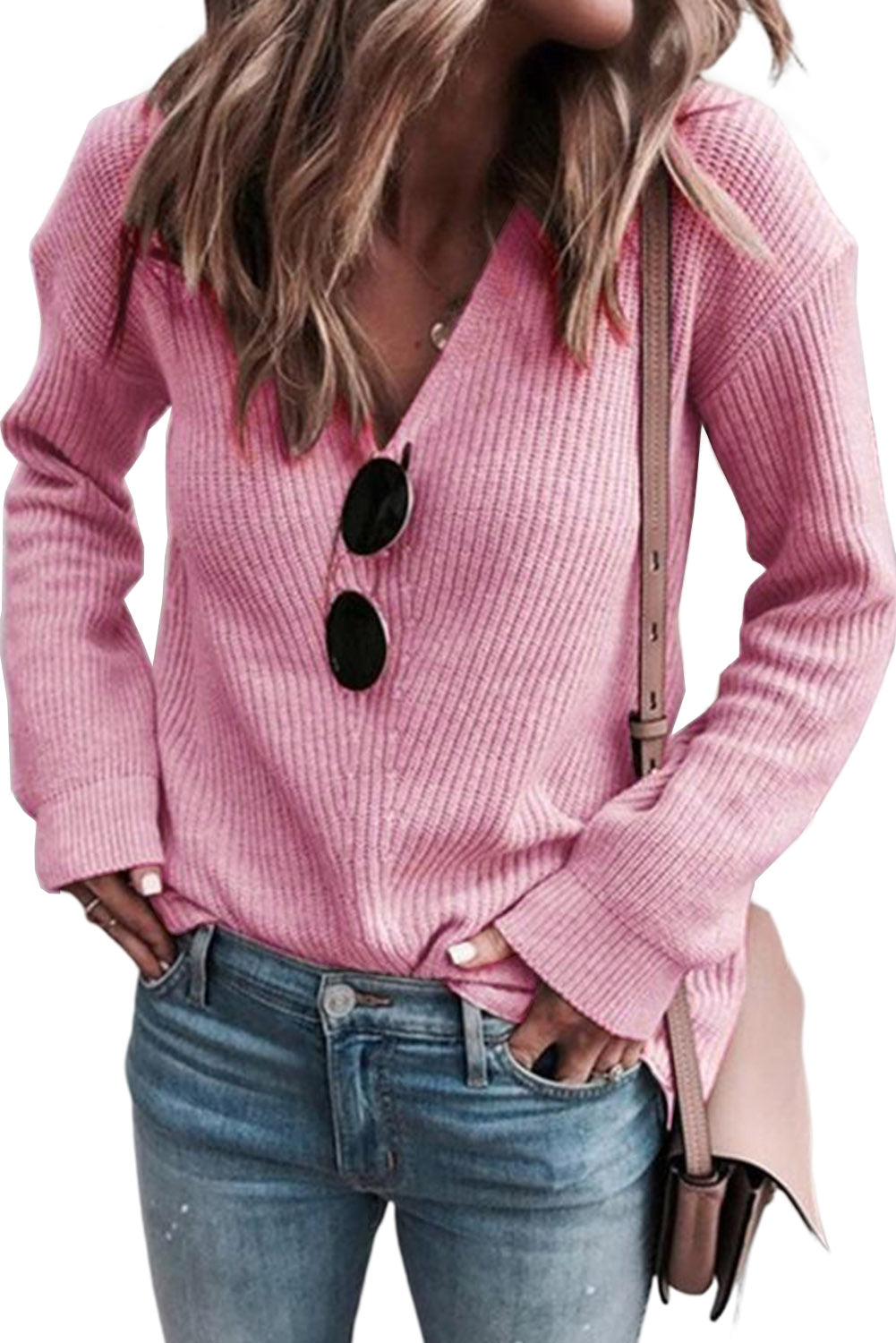 Ribbed Knit V Neck Sweater