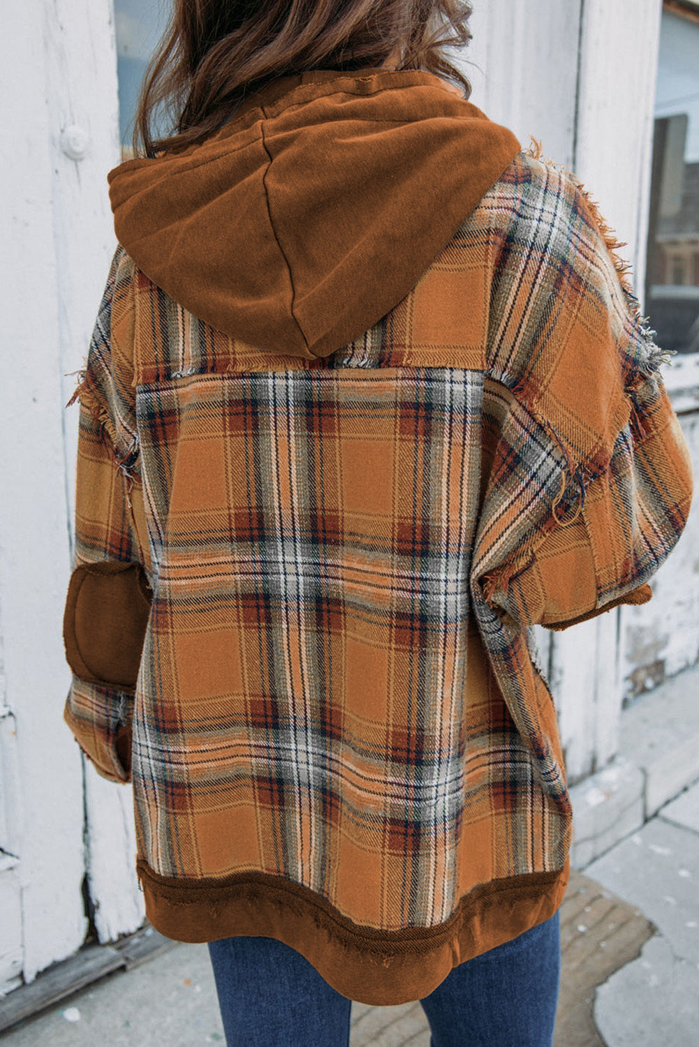 Plaid Patch Hooded Frayed Snap Button Jacket