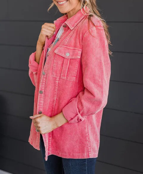 Pink Buttoned Flap Pocket Corduroy Jacket