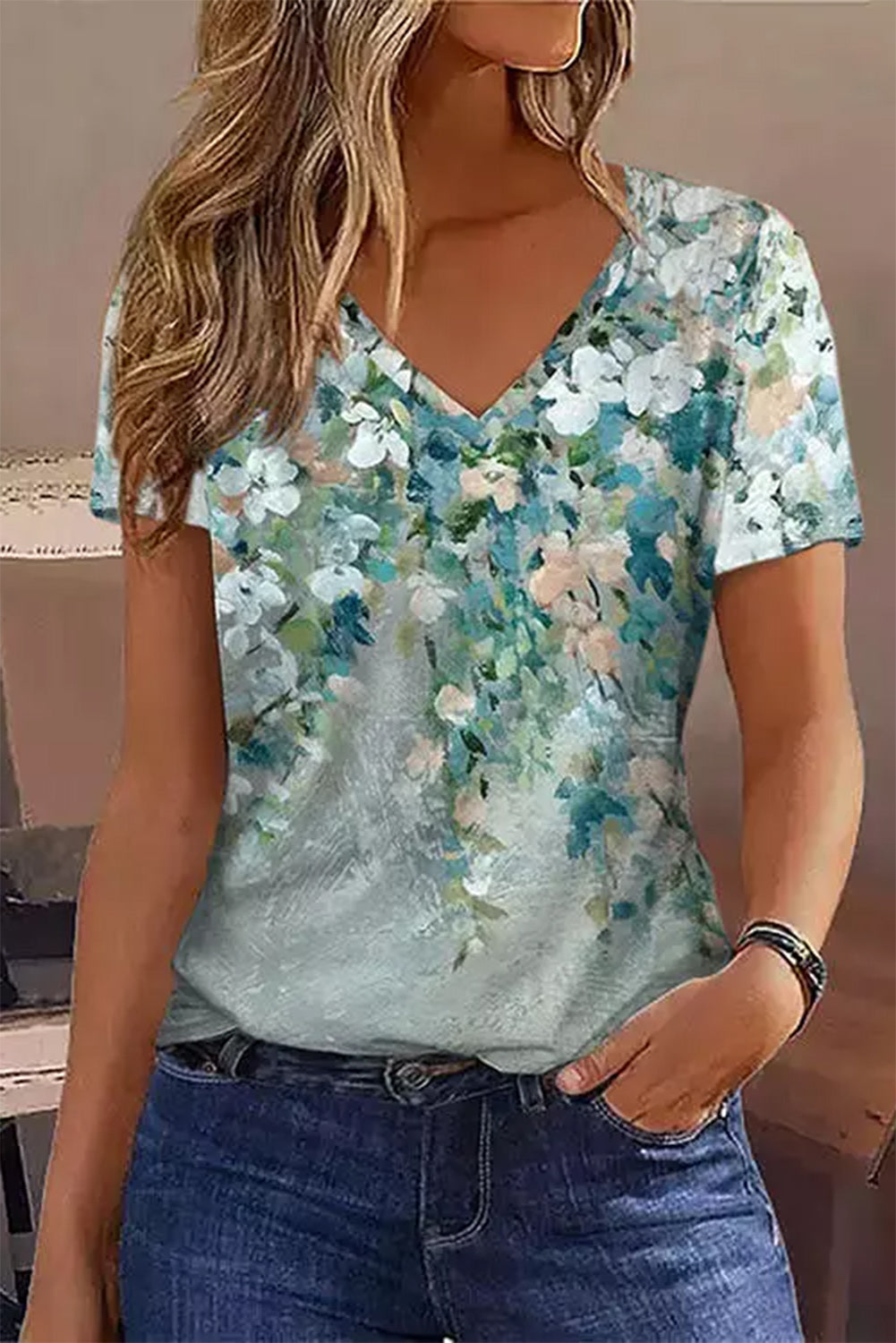 Green Floral Print Shift Fit V Neck T Shirt