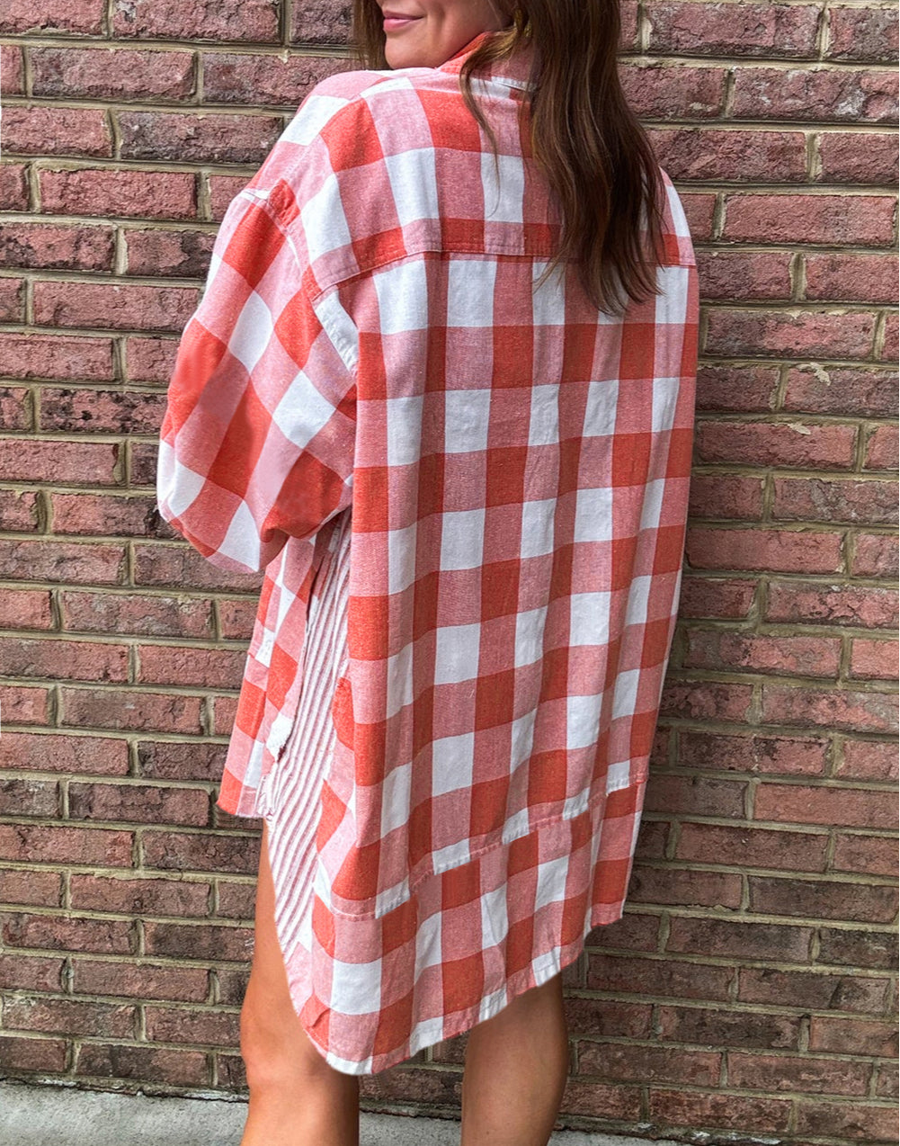 Oversized Plaid Puff Sleeve Round Hem Shirt Dress