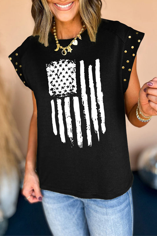 American Flag Print Studded Cap Sleeve T Shirt