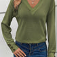 Textured Knit V Neck Button Cuffs Long Sleeve Top