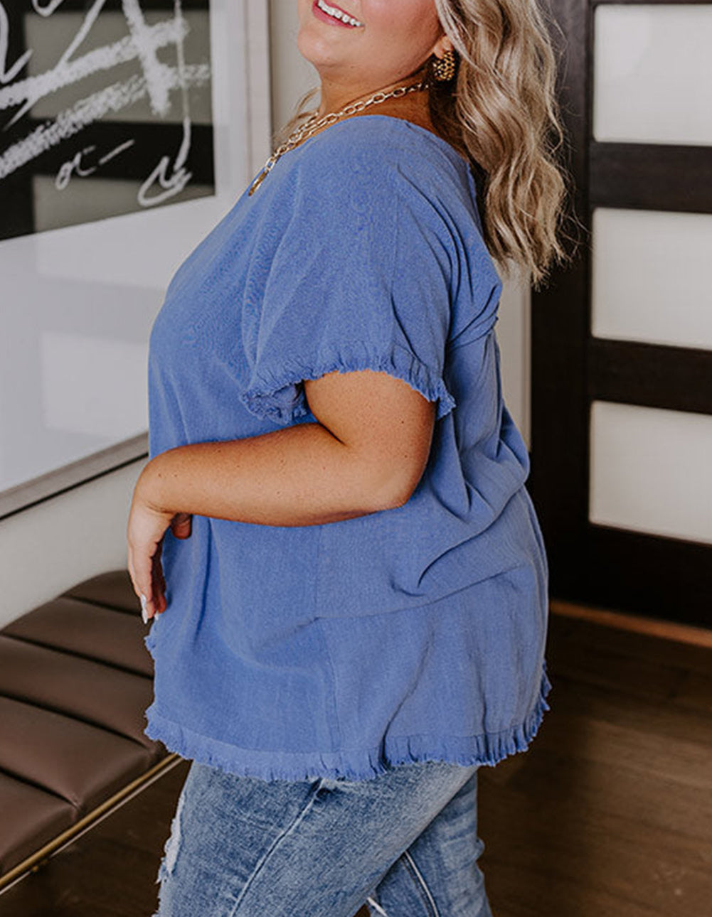 Plus Size Solid Color Short Sleeve Frayed Edge Top