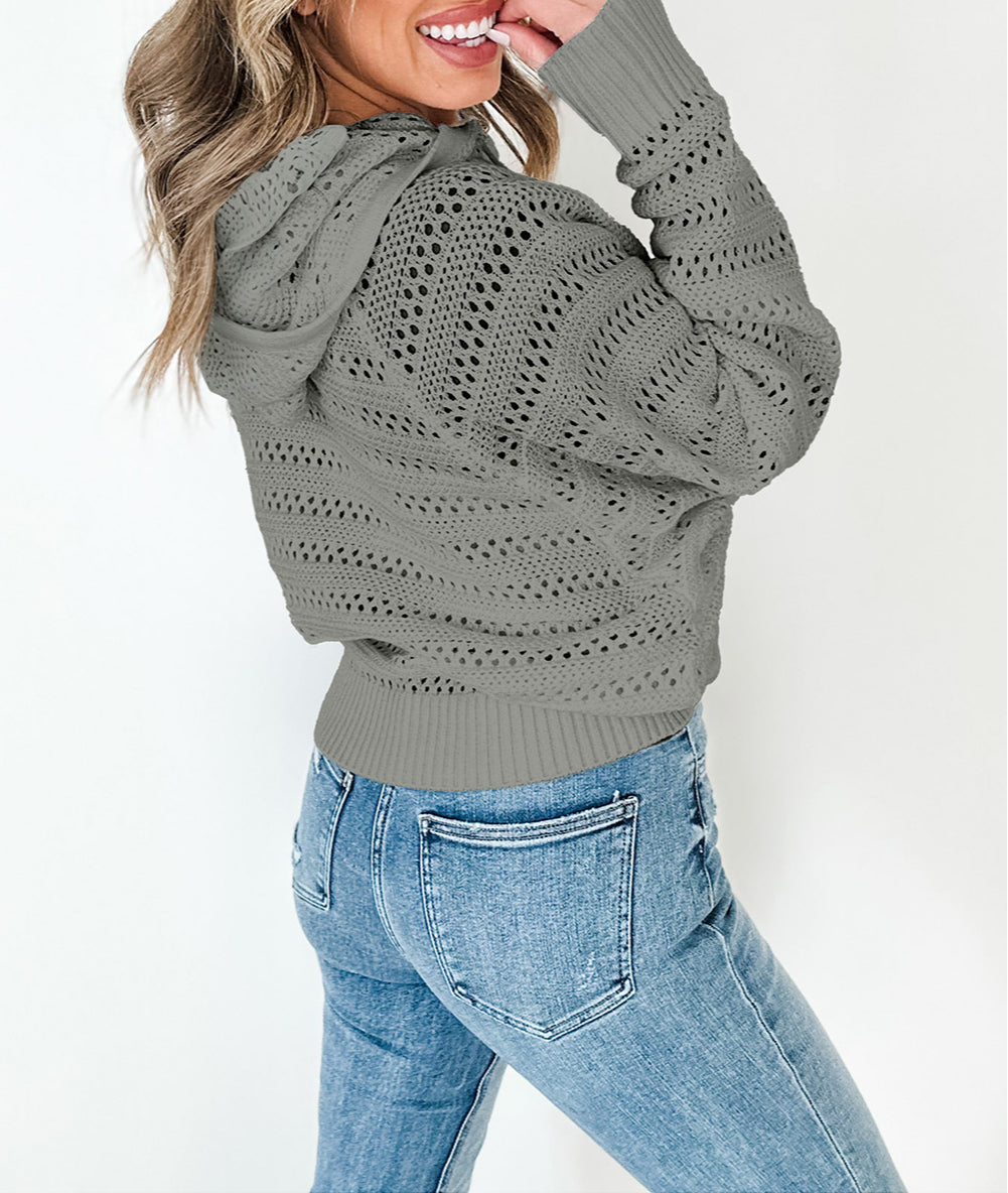 Pointelle Knit Raglan Sleeve Hooded Sweater