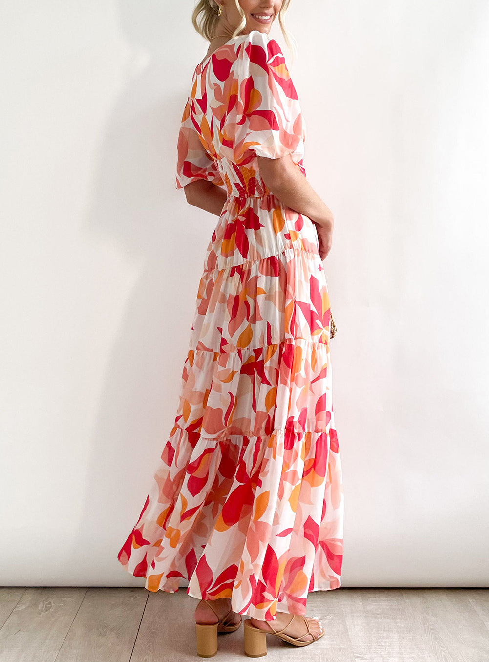 Short Puff Sleeve Floral Tiered Maxi Dress