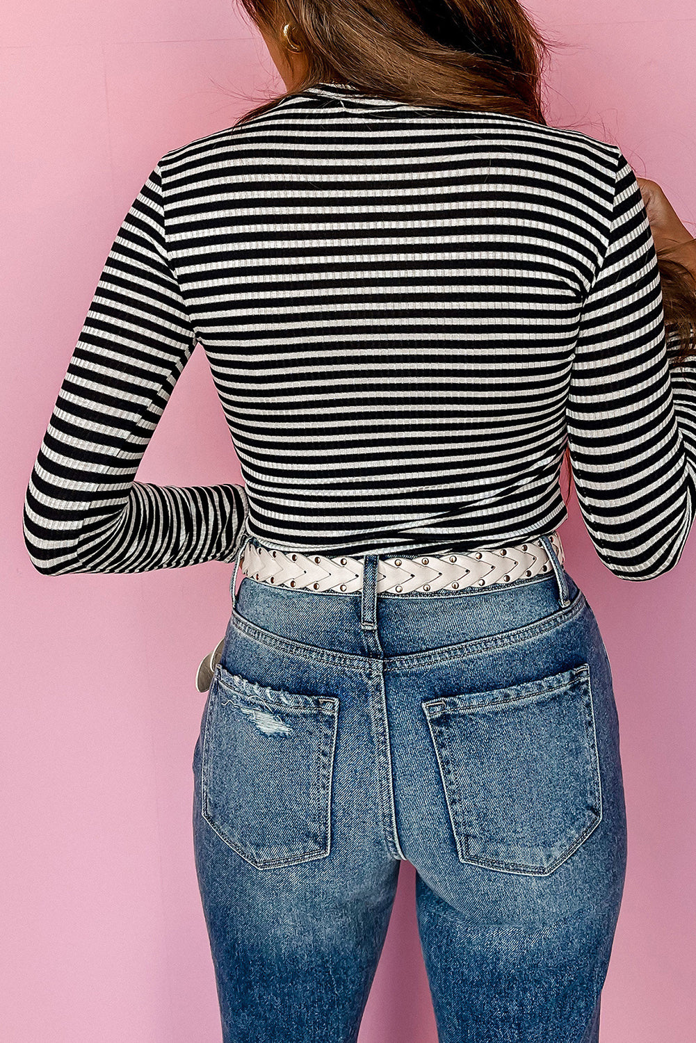 Stripe Knit Mock Neck Long Sleeve Slim Top