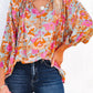 Floral Print Loose Fit Ruched V Neck Blouse